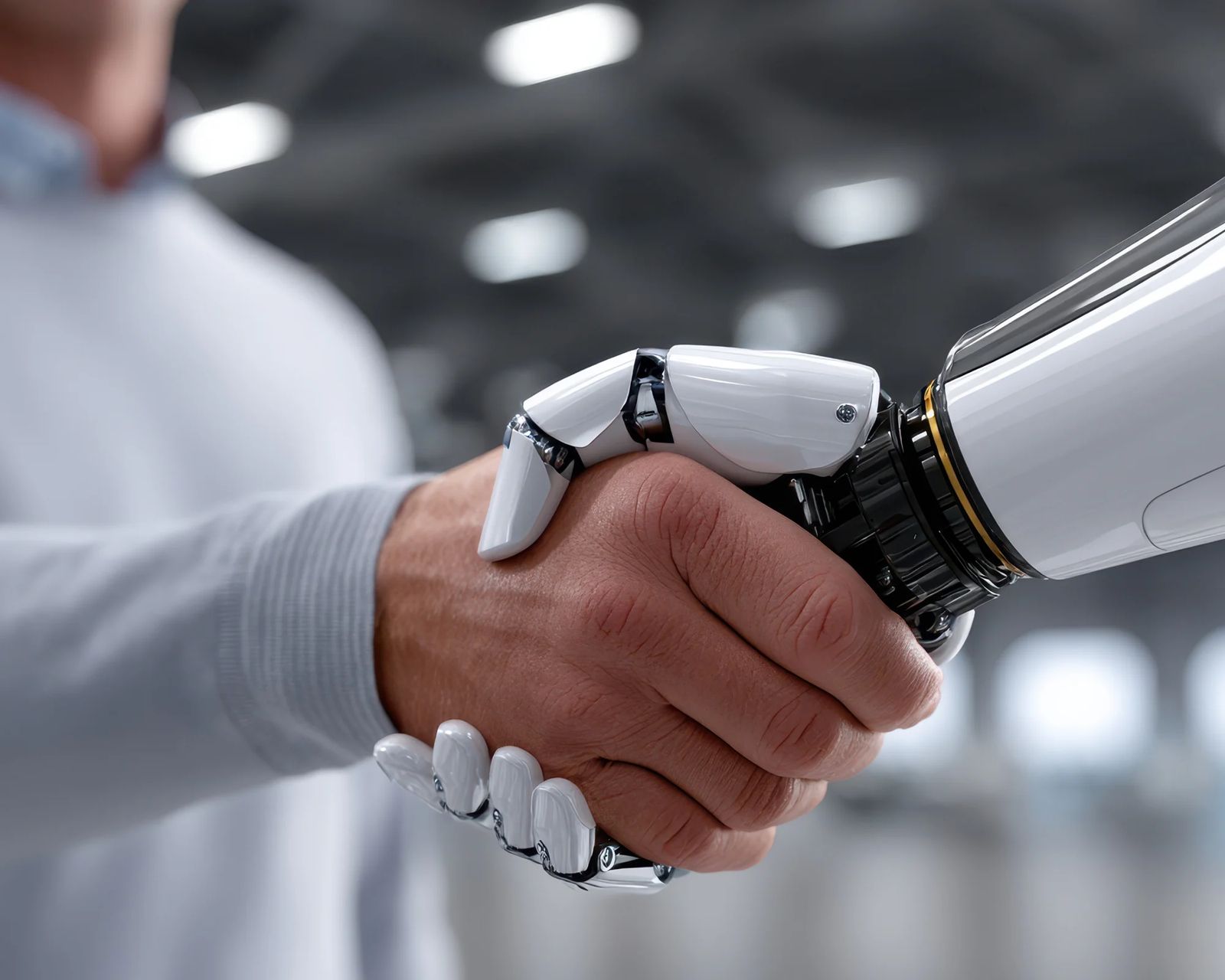 A person shaking hands with a robotic hand, representing human and AI working together